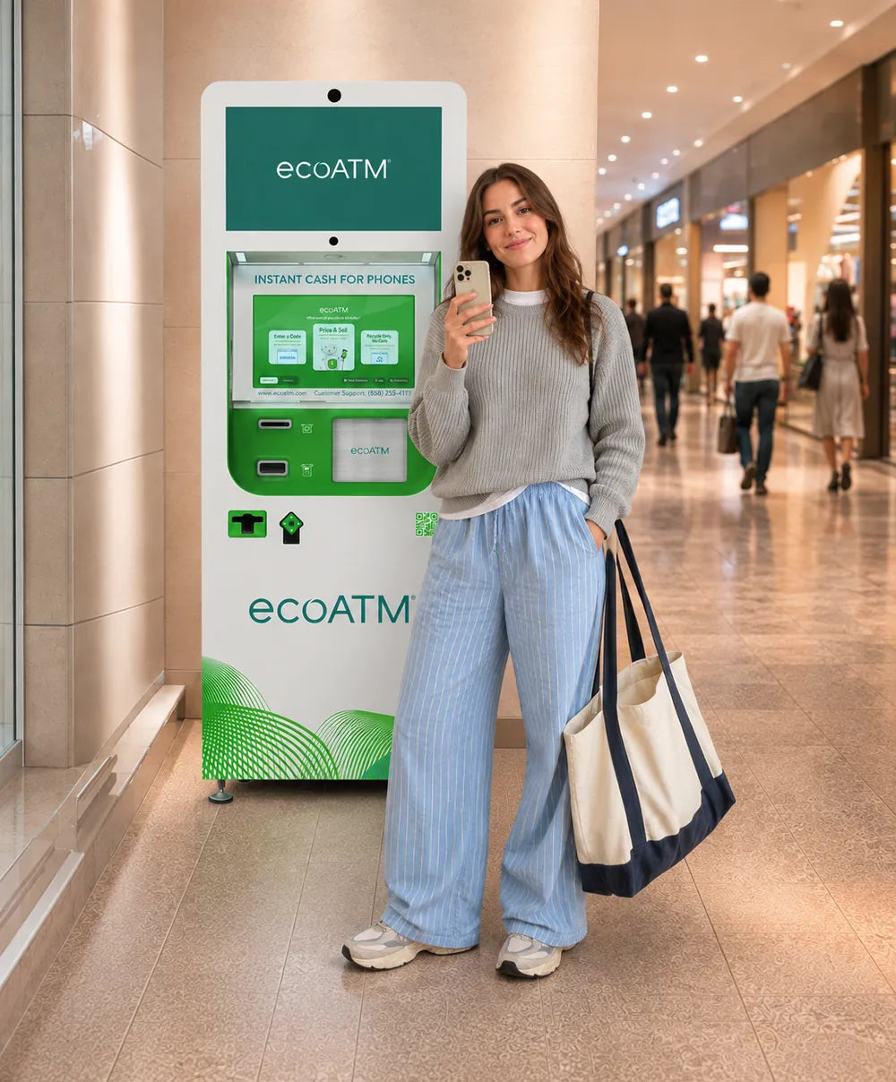 A customer smiling with her phone next to an ecoATM kiosk in a mall